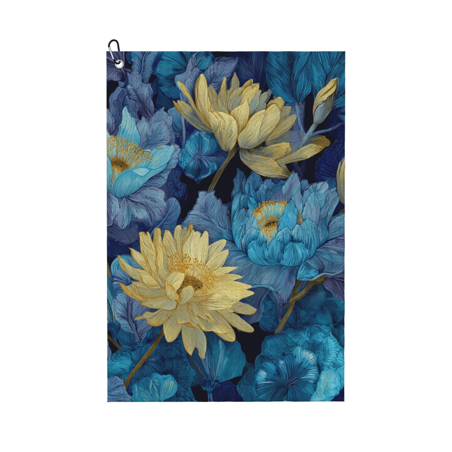 Floral Golf Towel with Hook | Blue & Gold Blossom Print | Microfiber Quick-Dry Sports Towel 41x61cm
