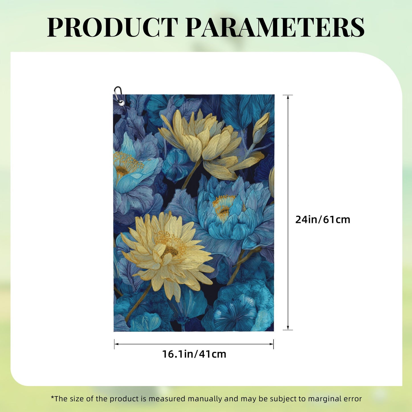 Floral Golf Towel with Hook | Blue & Gold Blossom Print | Microfiber Quick-Dry Sports Towel 41x61cm