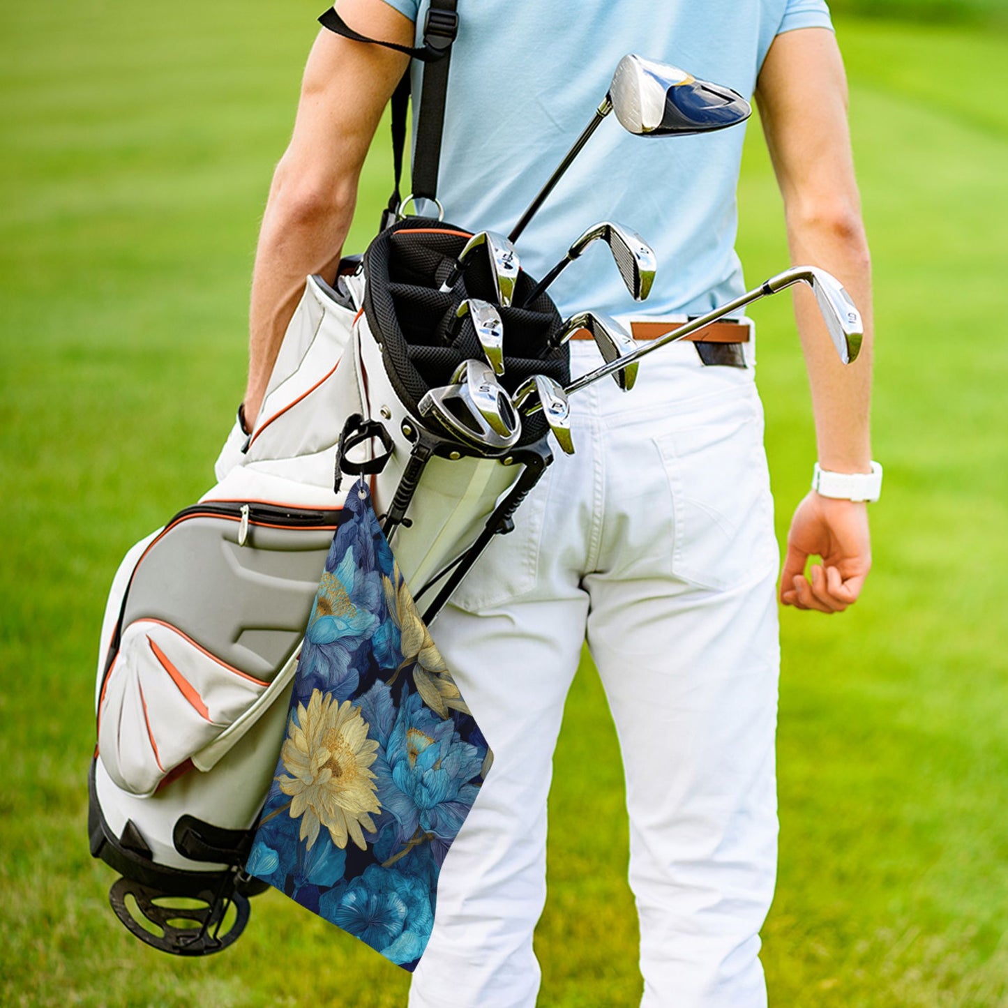 Floral Golf Towel with Hook | Blue & Gold Blossom Print | Microfiber Quick-Dry Sports Towel 41x61cm