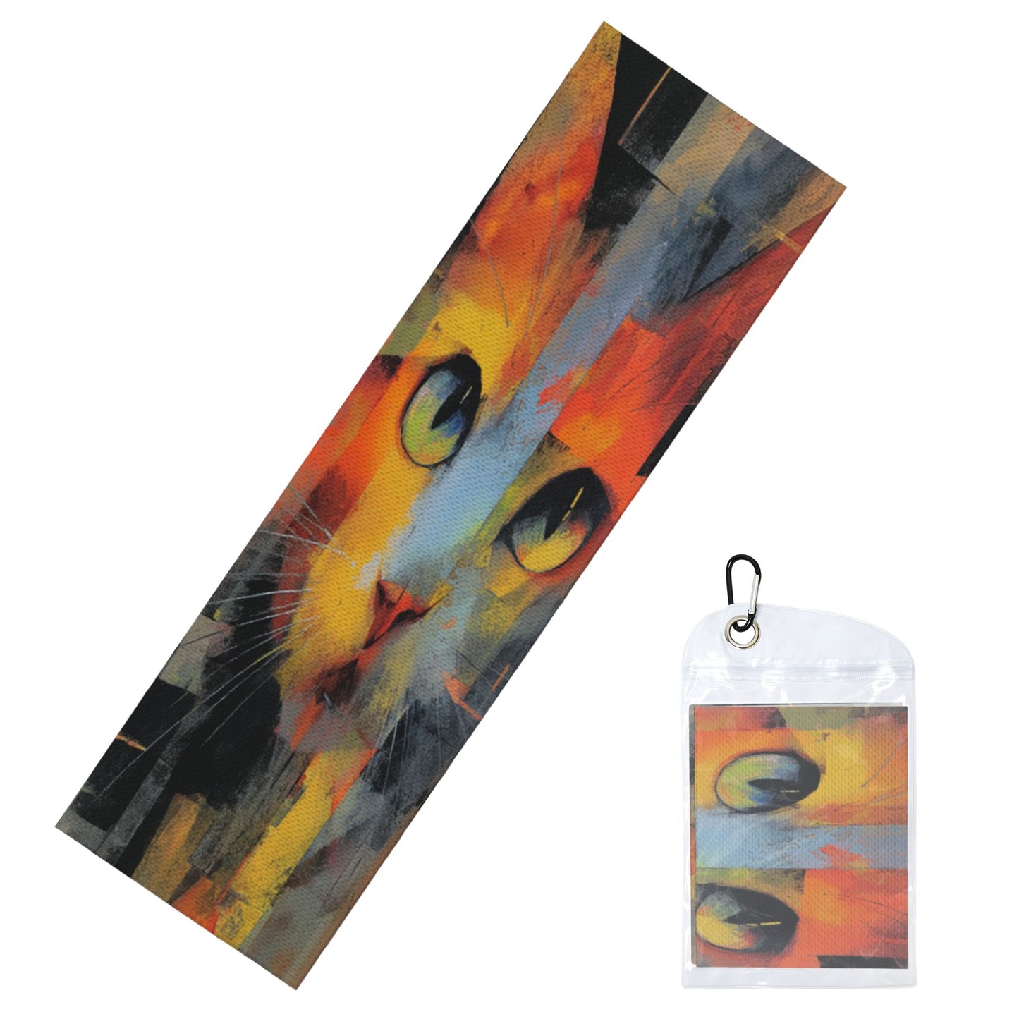Cooling Sports Towel with Artistic Cat Print | 100x30cm Quick-Dry Chill Towel with Portable Clip Case