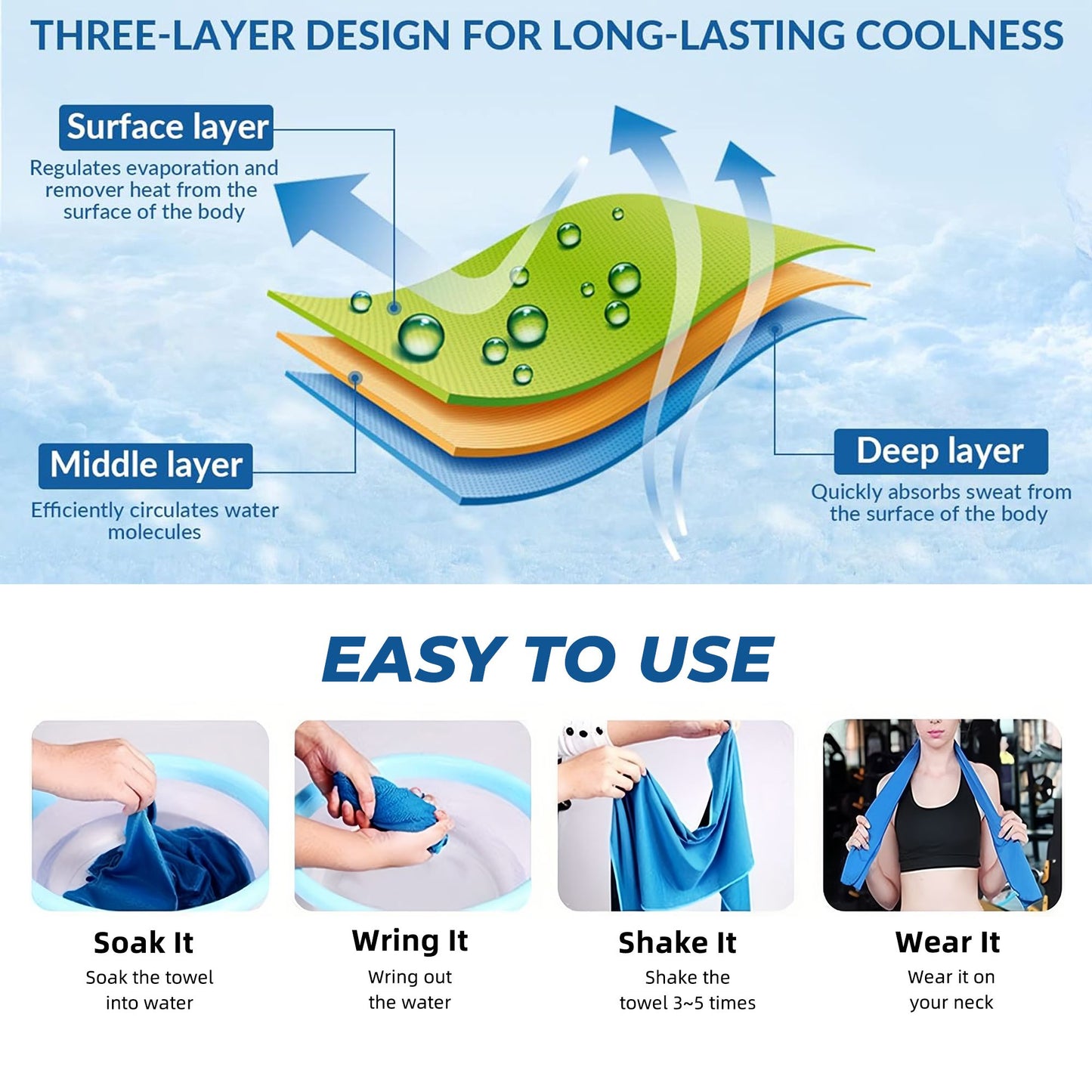 Cooling Sports Towel with Blue-Green Gradient Pattern | 100x30cm Quick-Dry Chill Towel with Travel Clip Pouch